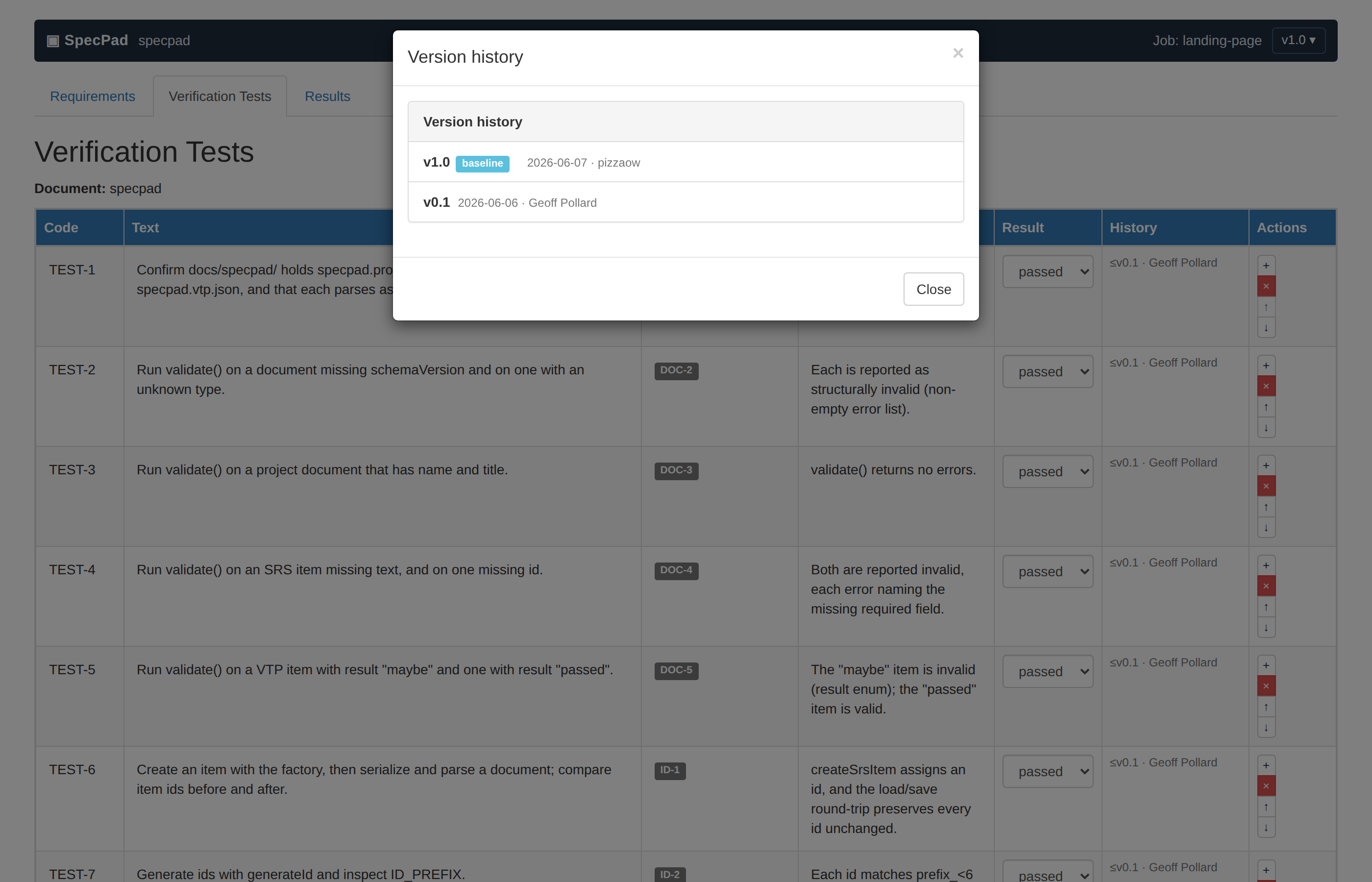 The version history dialog listing released revisions snapshotted from git tags, with author and date from each commit